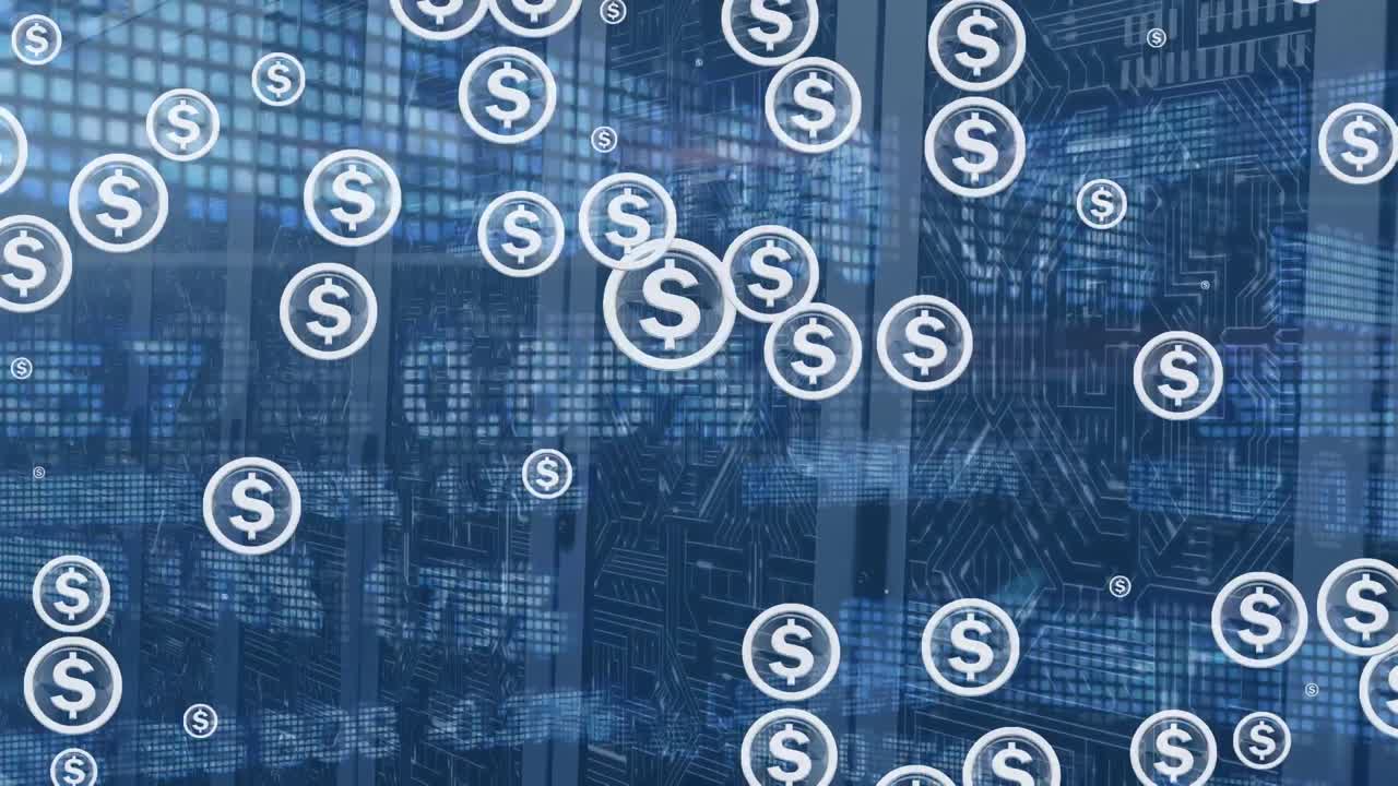 animación de símbolos de dólares sobre la sala del servidor