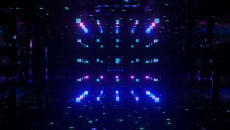 estructura de cubos. objeto o estructura 3d gira y se mueve dentro del túnel de espejo de vidrio con luz de neón, reflejos brillantes. fantástico resumen bg en bucle en 4k. vj para mostrar. sci fi bg fly hi tech túnel