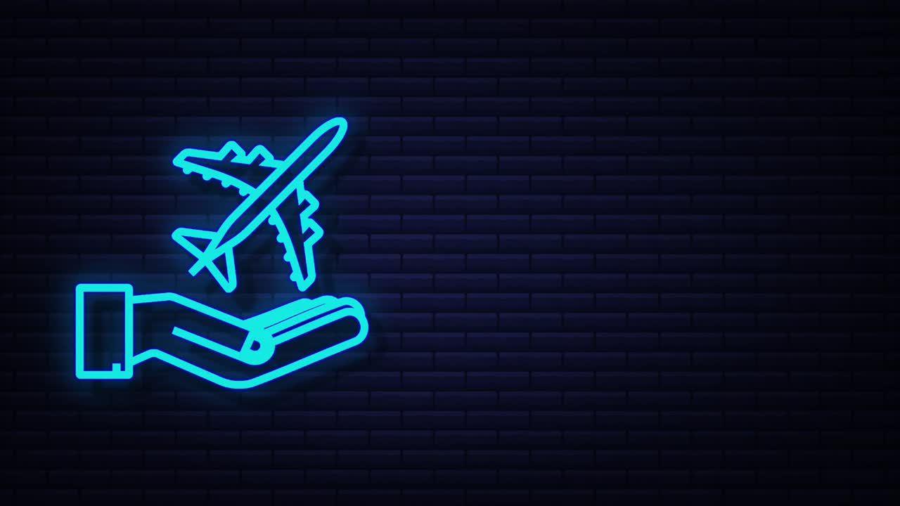 비행기 손 아이콘: 모든 목적을 위해 훌륭한 디자인, 손으로 그려진 종이 비행기, 연속 라인 드로잉, 네온 아이콘, 모션 그래픽
