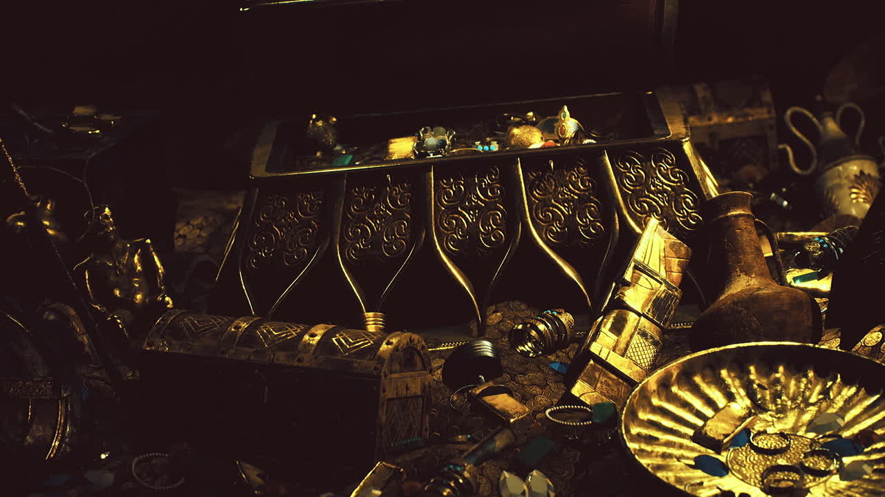 Treasure chest filled with jewels and artifacts in a dimly lit setting