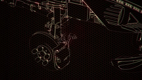 holographic animation of 3d wireframe car model with engine