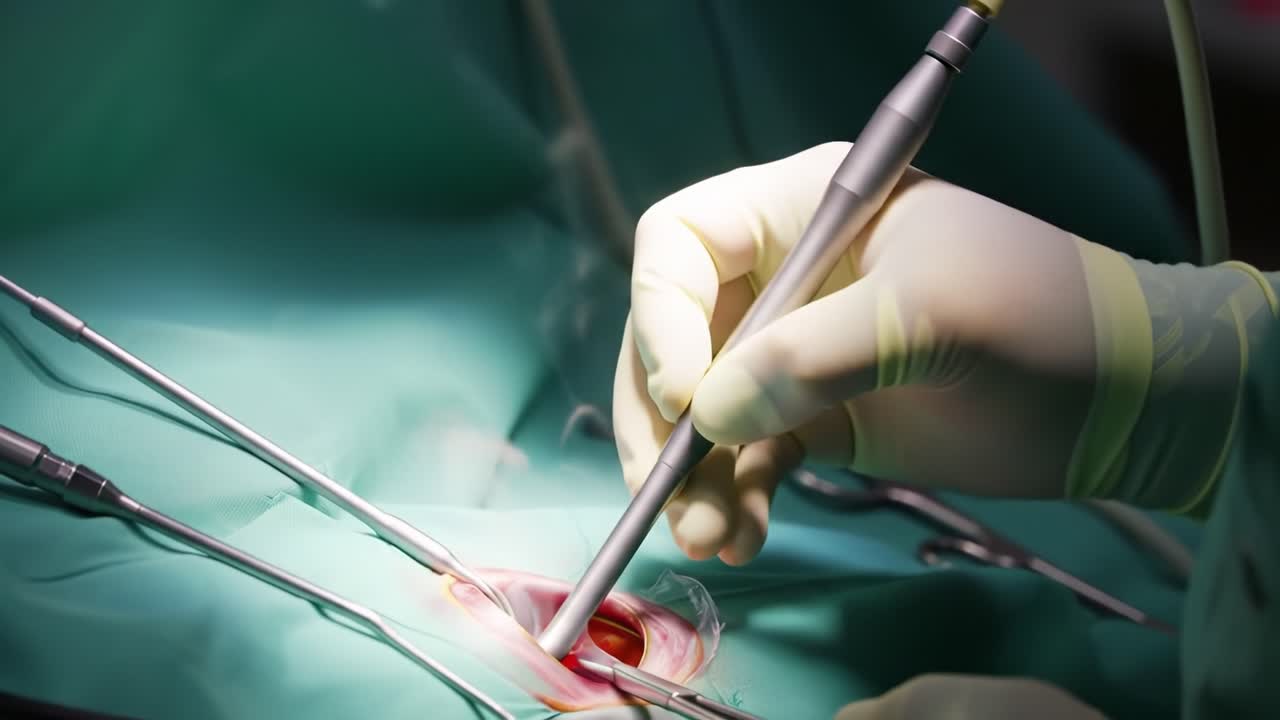 Precise Surgical Techniques in Action: A Close-Up Exploration of a Surgeon Performing an Intricate Procedure with Specialized Instruments in a Medical Setting