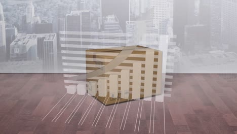 animación del procesamiento de estadísticas sobre cajas de cartón y paisajes urbanos