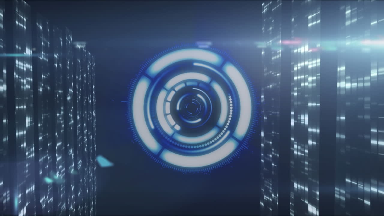 Animation of scope scanning and data processing over tech room with computer servers