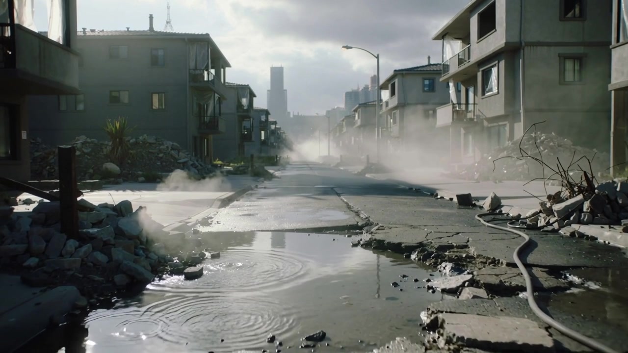 Calle dañada después de la lluvia, con el impacto de la lluvia en los charcos y niebla flotando sobre el asfalto con ruinas.