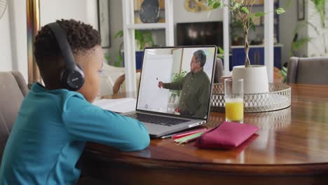 Animation-Eines-Afroamerikanischen-Jungen-Mit-Kopfhörern,-Der-Zu-Hause-Online-Unterricht-Auf-Dem-Laptop-Hat