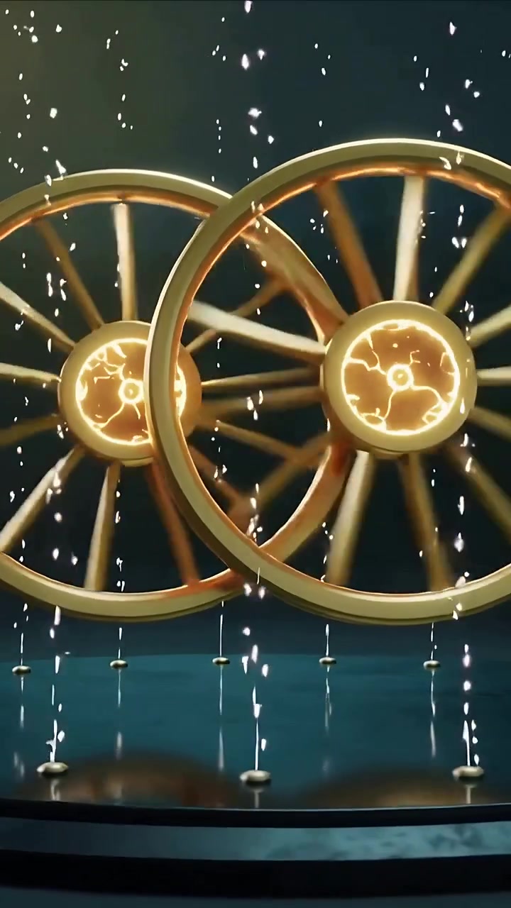 Video verticale: Getti che emettono scintille su due ruote dorate che ruotano e si muovono su un palco per l'esposizione, con i mozzi che pulsano.