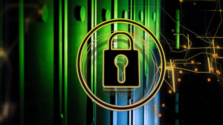 Animation of padlock with connections over server room