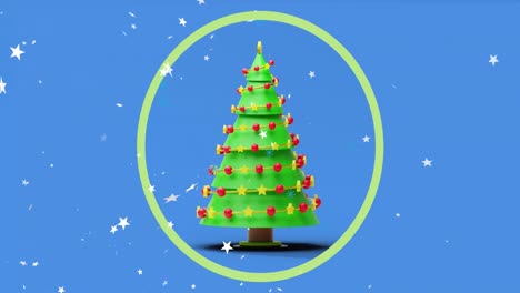 Animation-of-stars-and-christmas-tree-in-circle-on-blue-background