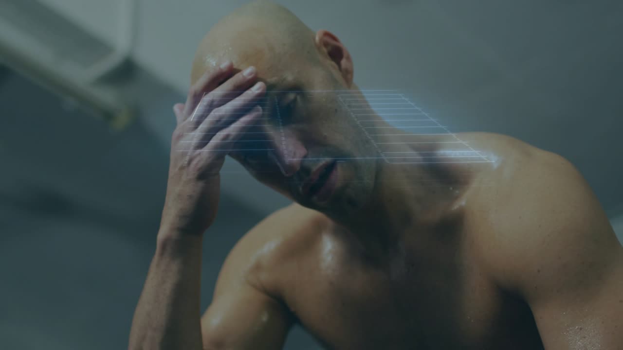 Atleta de fitness se inclinando para frente e causando uma rotação da grade HUD pelo rosto enquanto analisa métricas