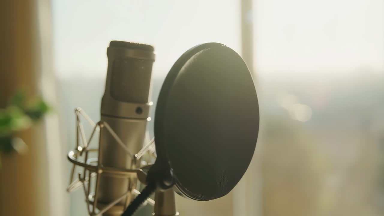 Close-up of a Studio Microphone with Pop Filter in Warm Light
