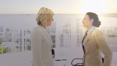 Animation-of-happy-caucasian-businesswomen-shaking-hands-over-seascape