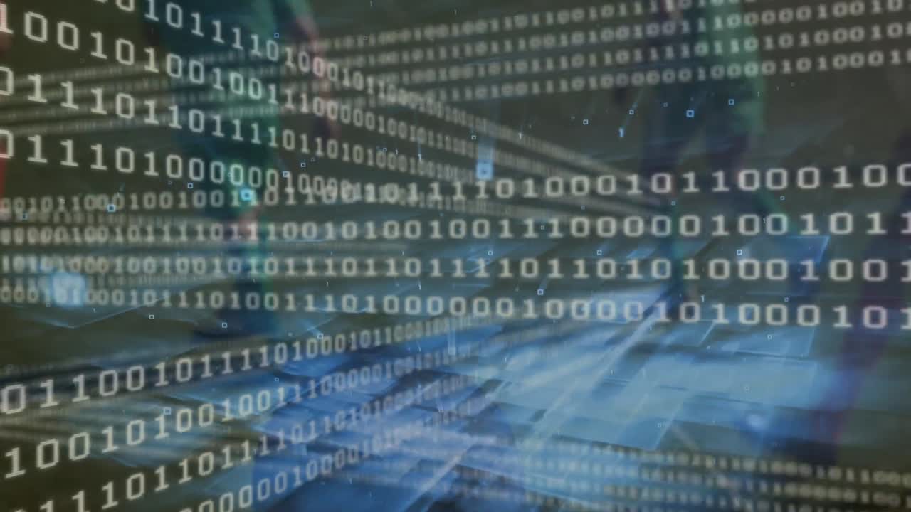 Animation of binary coding over diverse football players on stadium