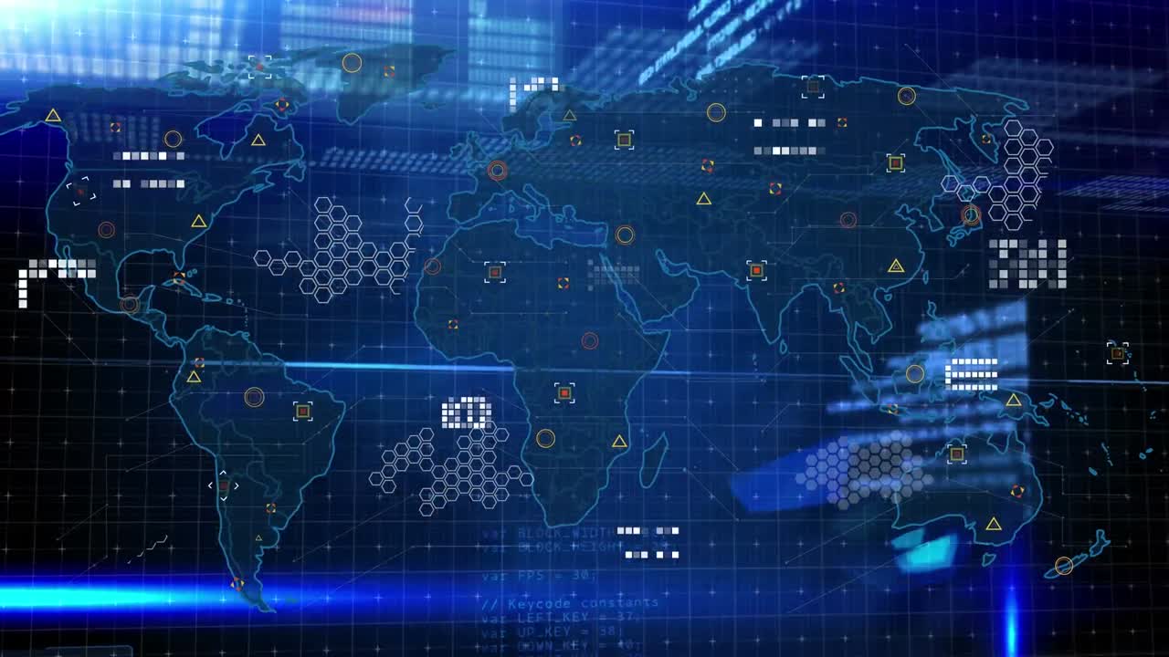 검은 바탕에 있는 세계 지도 위의 데이터 처리 애니메이션