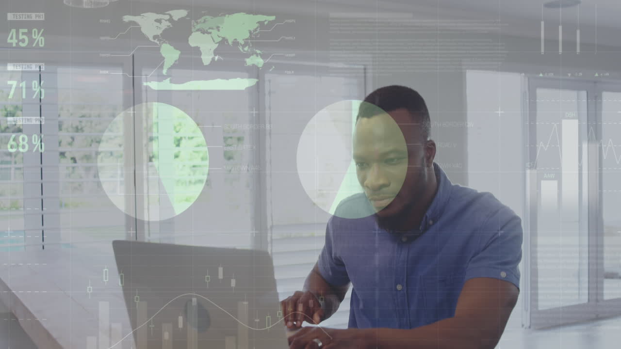 animación de procesamiento de datos estadísticos contra un hombre afroamericano que usa una computadora portátil en casa