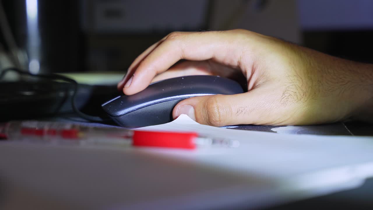 a hand using a computer mouse on a desk at night. Low light creates a cinematic atmosphere for late-night work, study, or gaming with a red pen in the blurred foreground