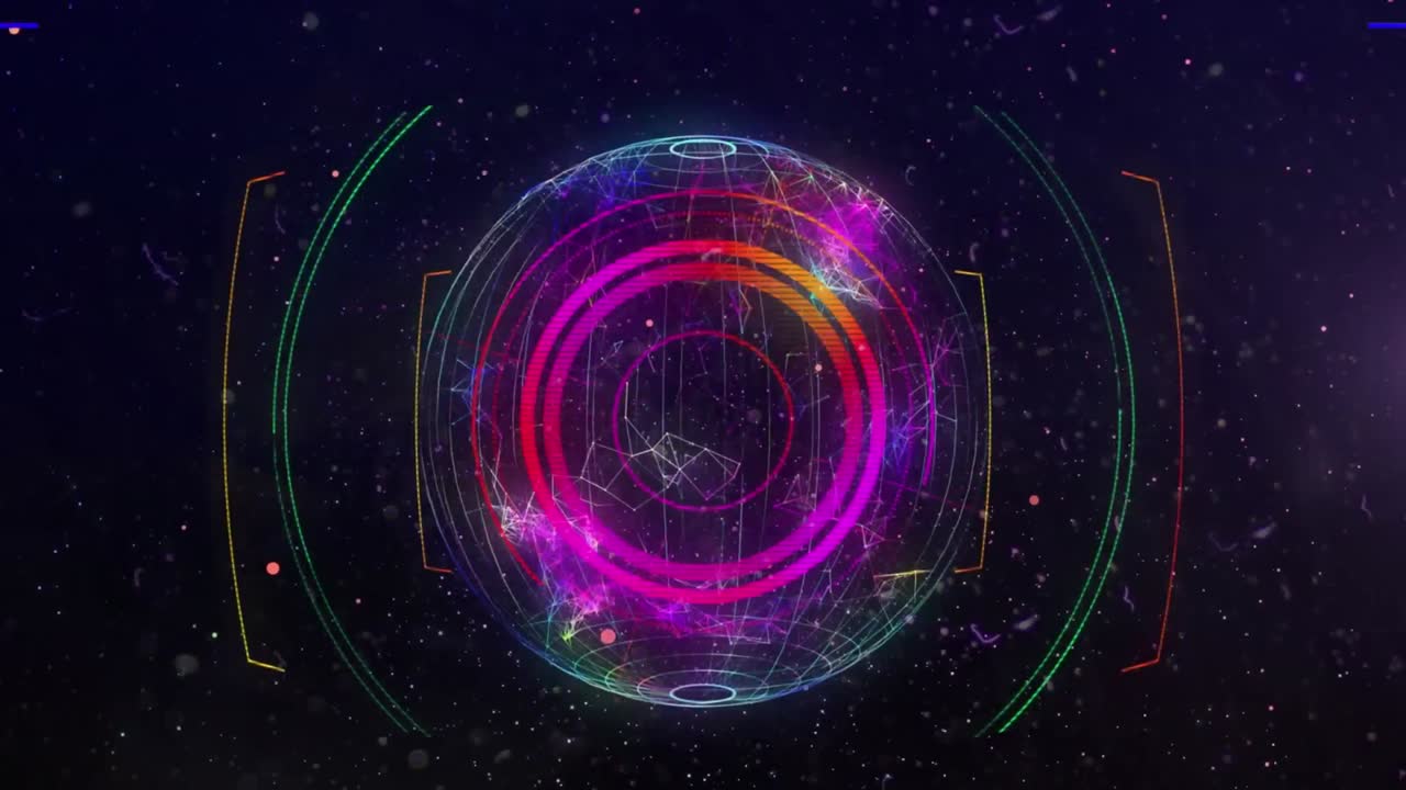 다양한 기하학적 모양과 분홍색 큐브가 회전하는 지구 위로 움직이는 애니메이션