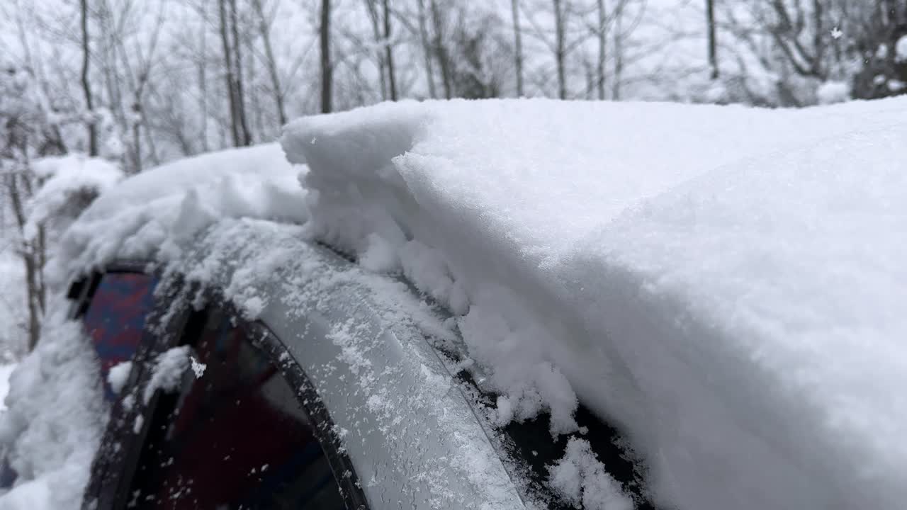 Hatchback Car covered by snow heavy snowfall in mountain village in Iran highlands forest Hyrcanian nature landscape of rural countryside freezing winter thick layer frost vehicle Tehran scenic view