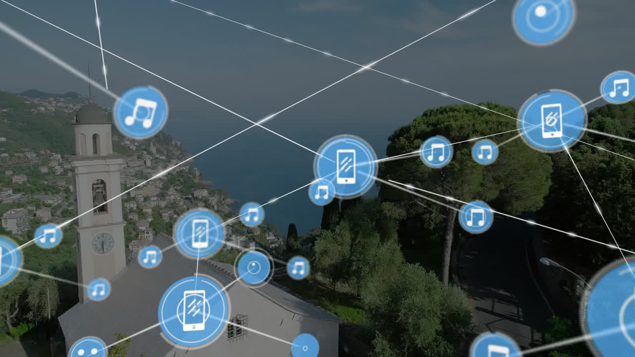 red de dispositivos conectados e iconos musicales animación sobre el paisaje costero