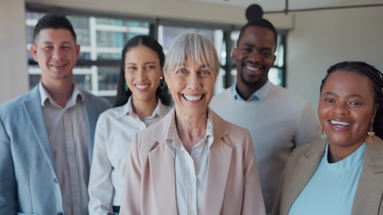 Business people, face and group with laugh