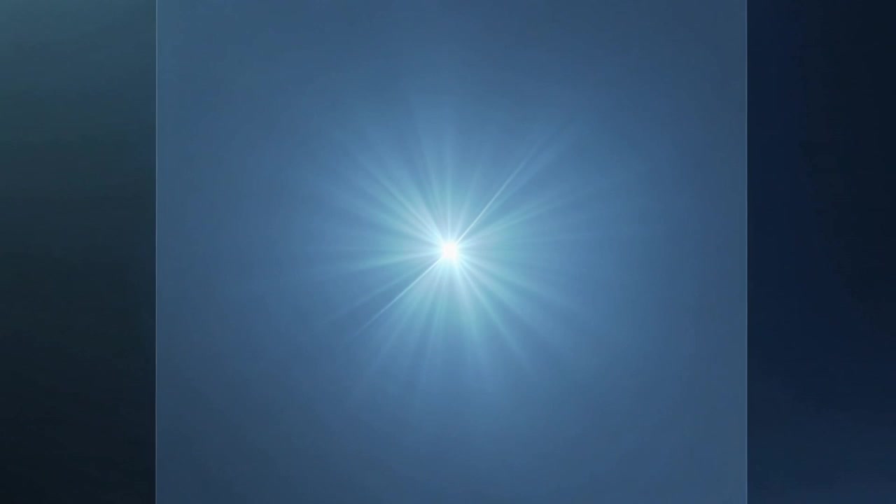 Telecamera che riprende un effetto flare che si manifesta e svanisce su una sfumatura blu scuro, con punte, strisce, un alone o bordi.