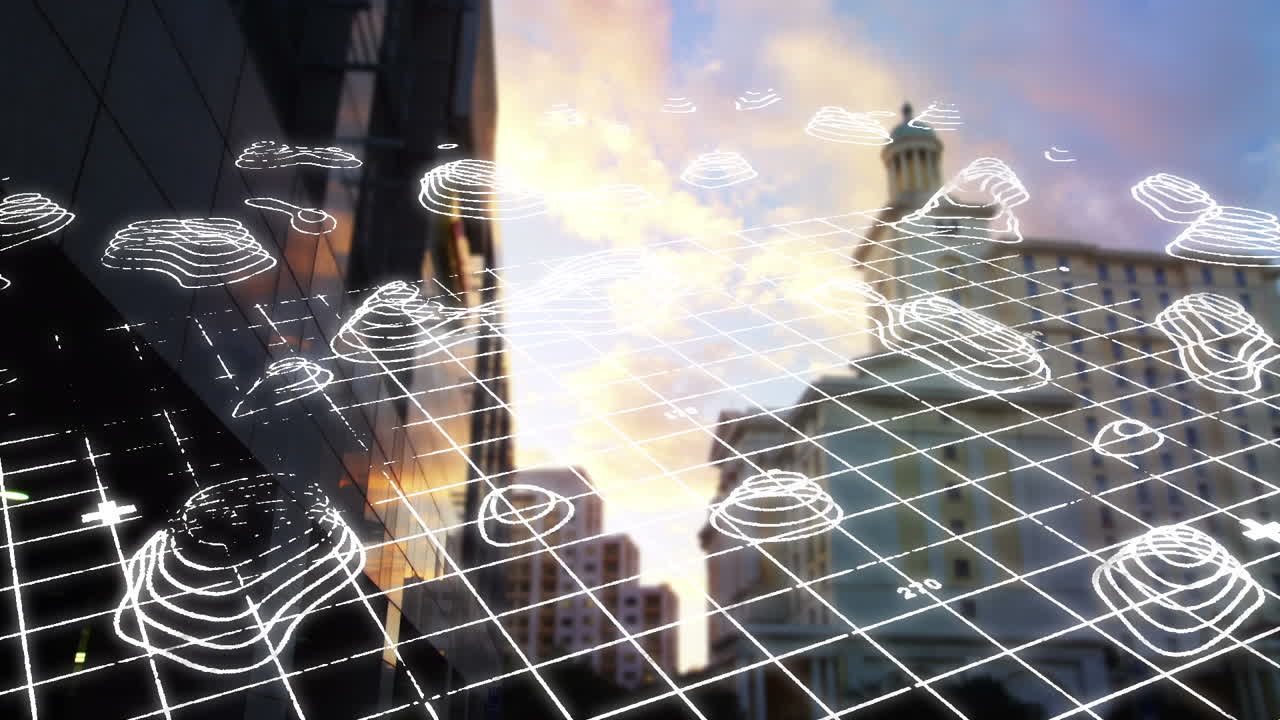 animación de formas en movimiento sobre el paisaje urbano