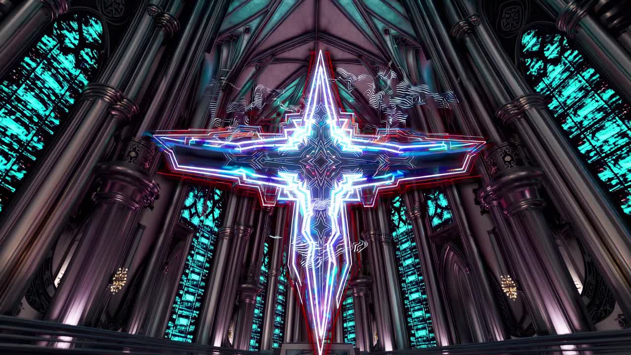 Futuristic Gothic Cross in a Digital Church