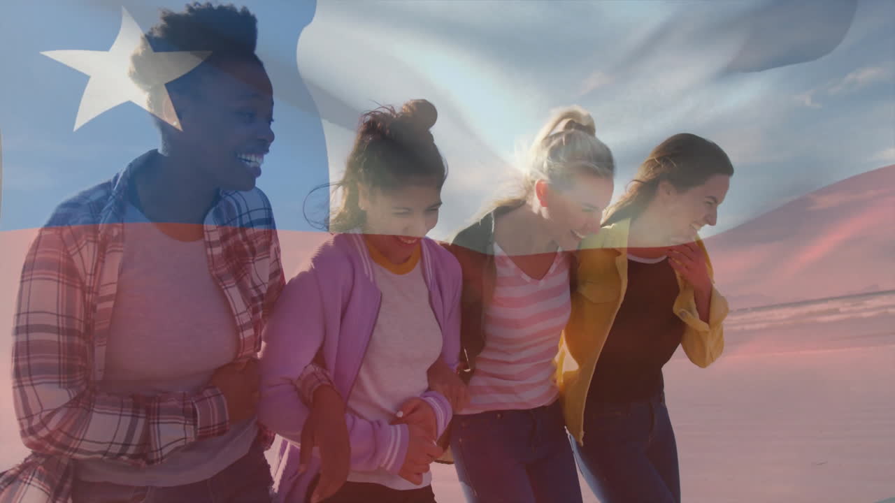 Smiling women holding Chilean flag with animation effect in school setting
