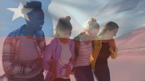 Smiling women holding Chilean flag with animation effect in school setting
