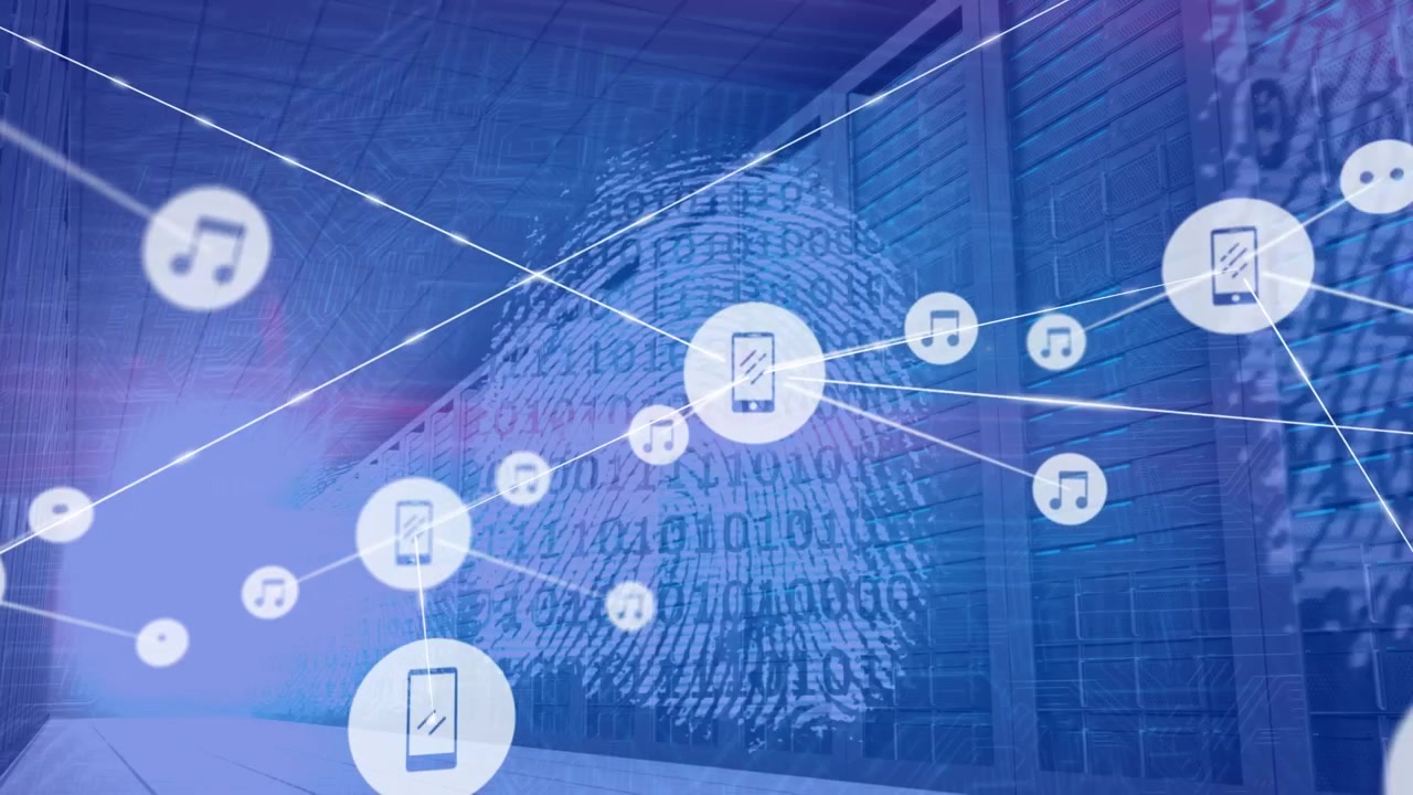 Animation of network of connections with icons over binary coding, biometric print,computer servers