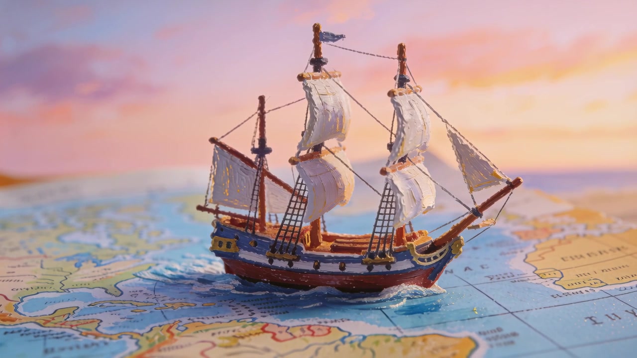 Rocking three-masted ship, breeze picking up, filling sails and simulating voyage on nautical map