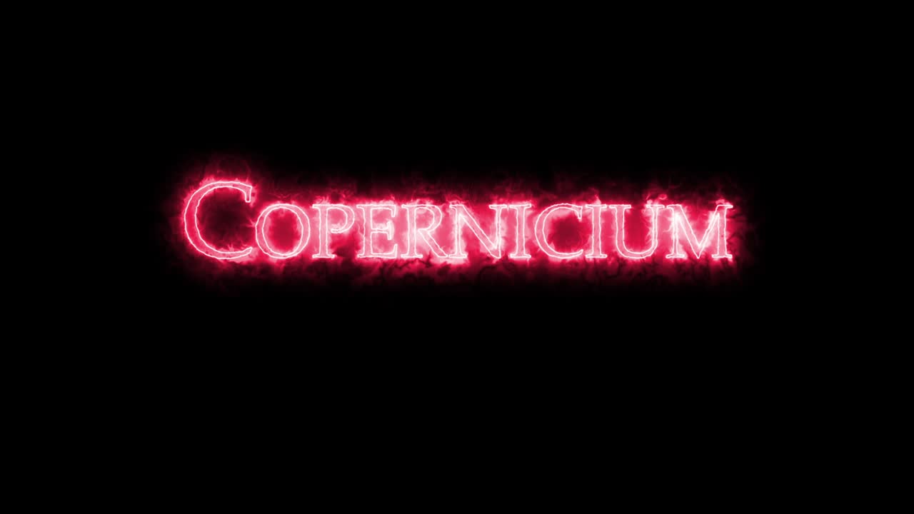 Copernicium, chemical element, written with fire. Loop