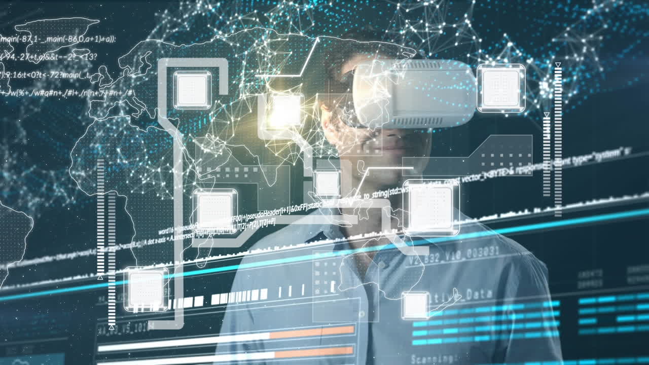 연결 네트워크의 애니메이션과 vr 헤드을 착용하는 사람에 대한 디지털 인터페이스