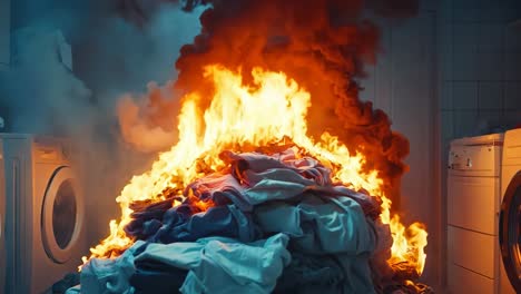 a pile of clothes on fire in a laundry room