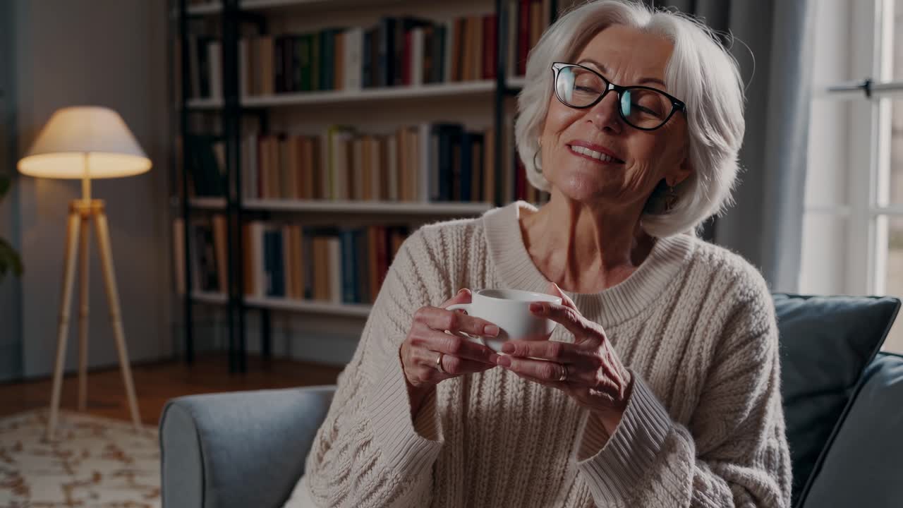 Cozy video scene of a smiling elderly woman in a sweater, holding a cup