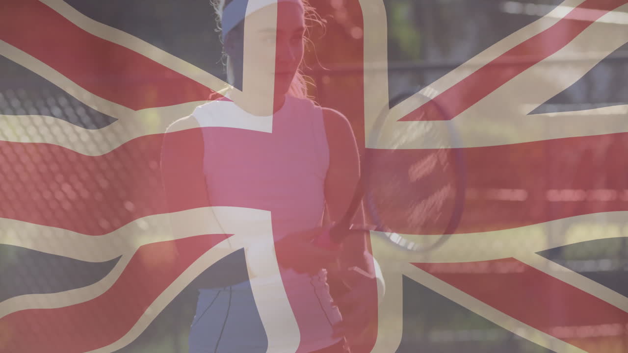 female tennis player holding racket on court, showing animated tech data overlaying Union Jack