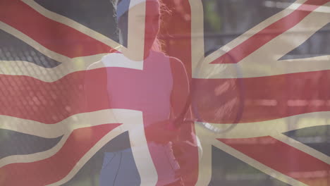 female tennis player holding racket on court, showing animated tech data overlaying union jack