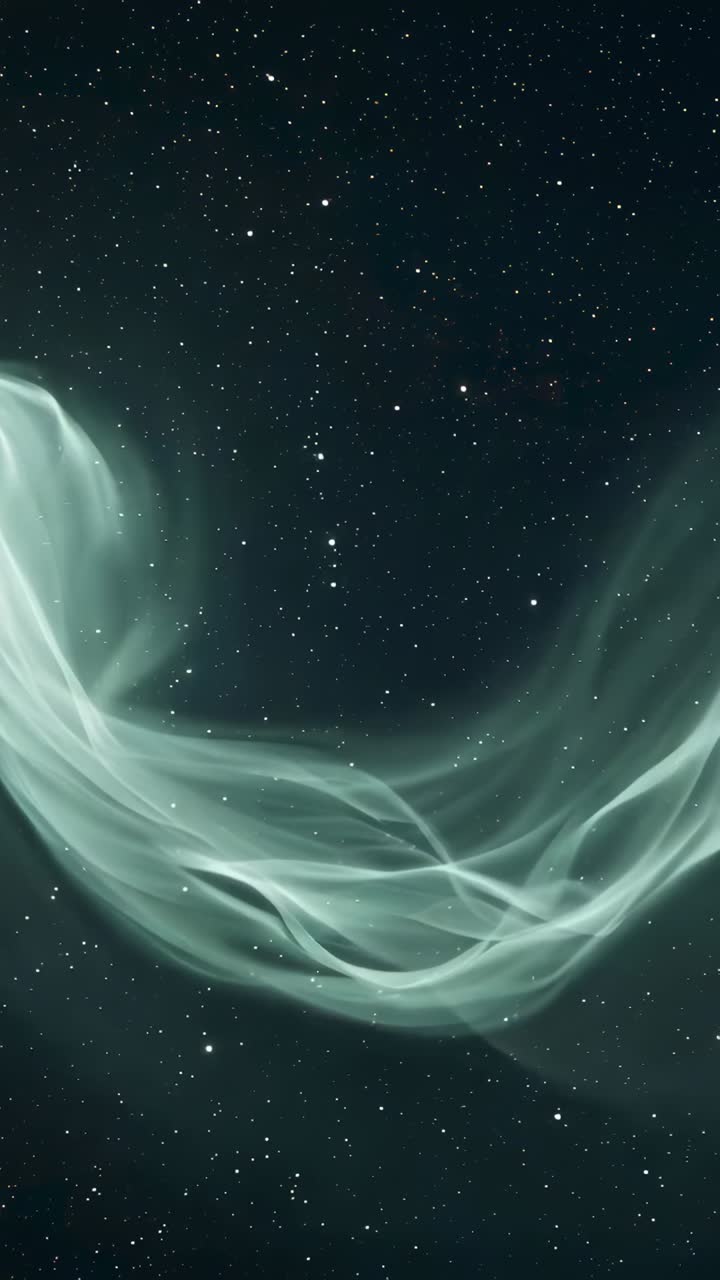 Video verticale: nastro color foglia di tè mosso da correnti simulate attraverso una fitta nebulosa di campi stellari