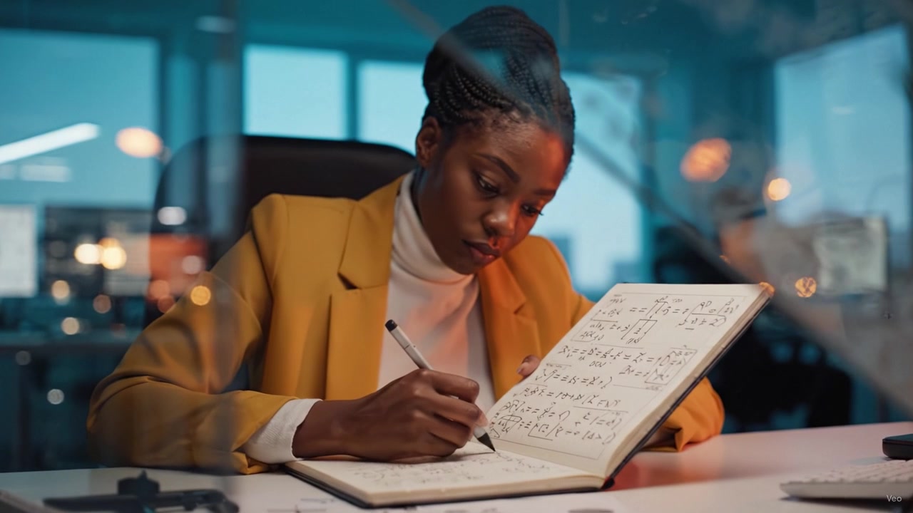Focused Individual Solving Mathematical Equations in a Modern Office Setting with Warm Lighting and a Professional Appearance in a Notebook