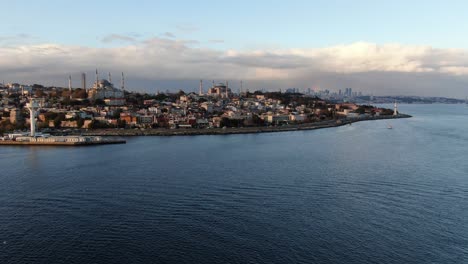 istanbul, turkey. sultanahmet with the blue mosque and the hagia sophia (ayasofya) with a golden hornt. topkapi palace aerial view.