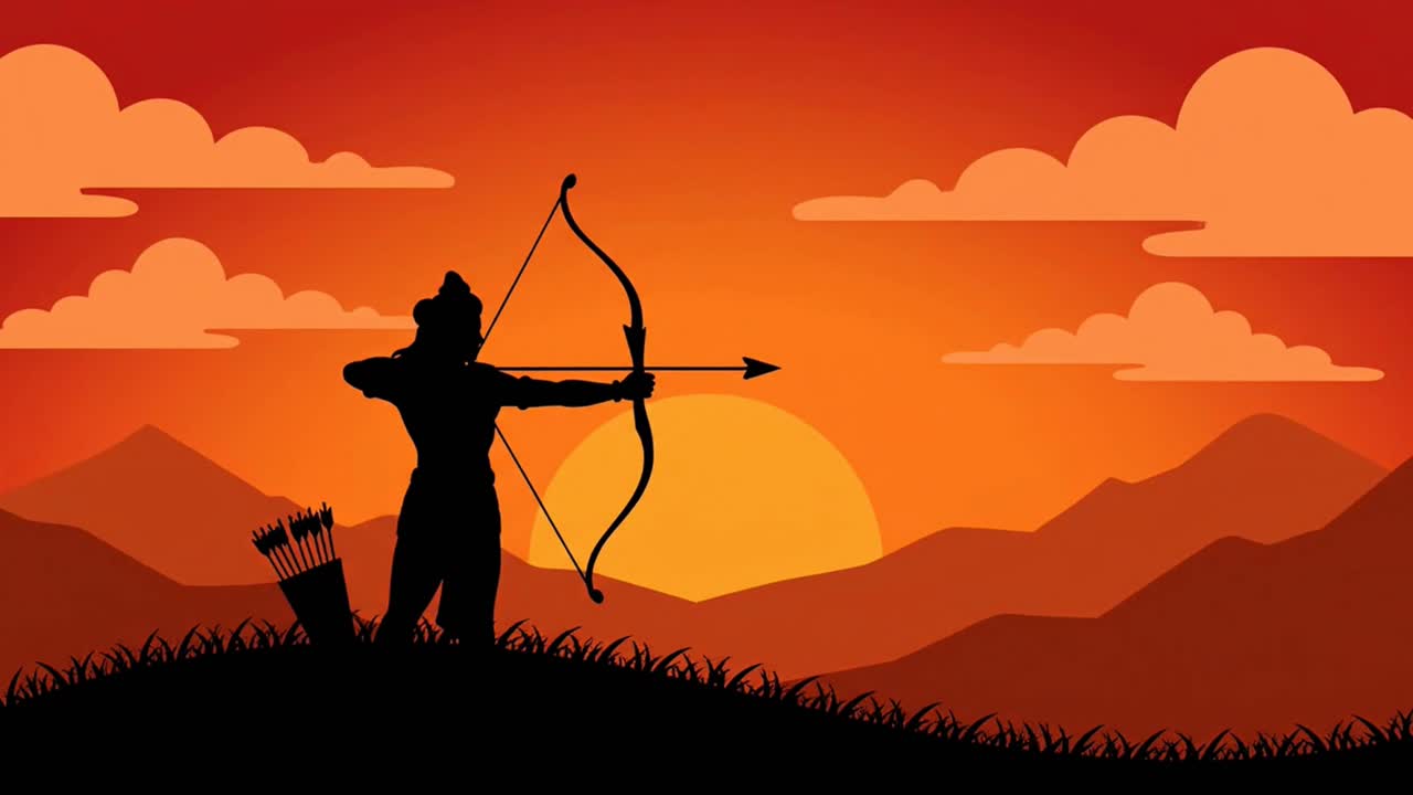 Animazione di Lord Rama che scocca una freccia per un felice Dussehra.
