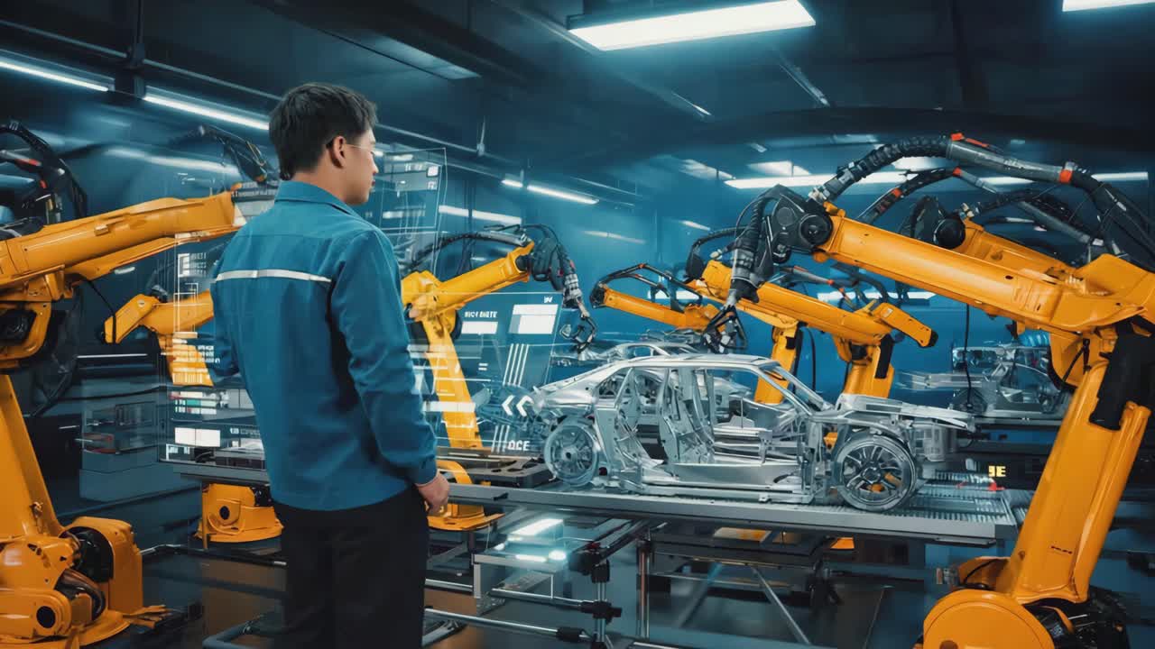 Man Overseeing Robotic Car Manufacturing with Holographic Displays in a Modern Factory