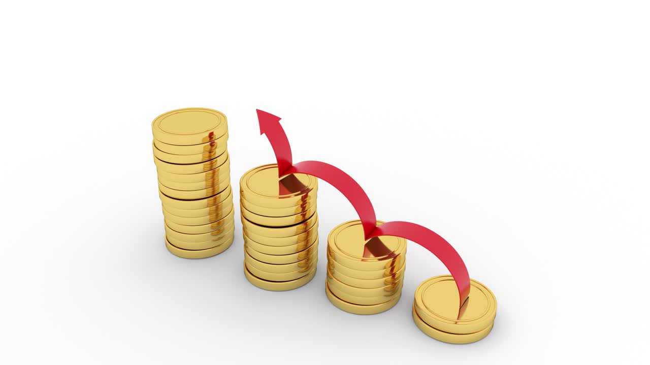 Abstract graphic. Columns of gold coins stacked in an uptrend, arrow climbing over the money