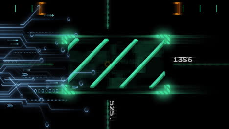 animation of circuit board and data processing over black background