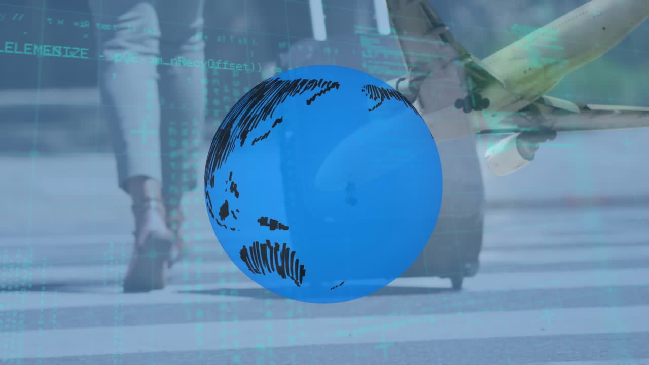 공항에서 걸어다니는 사업가 여성에 대한 데이터 처리 애니메이션