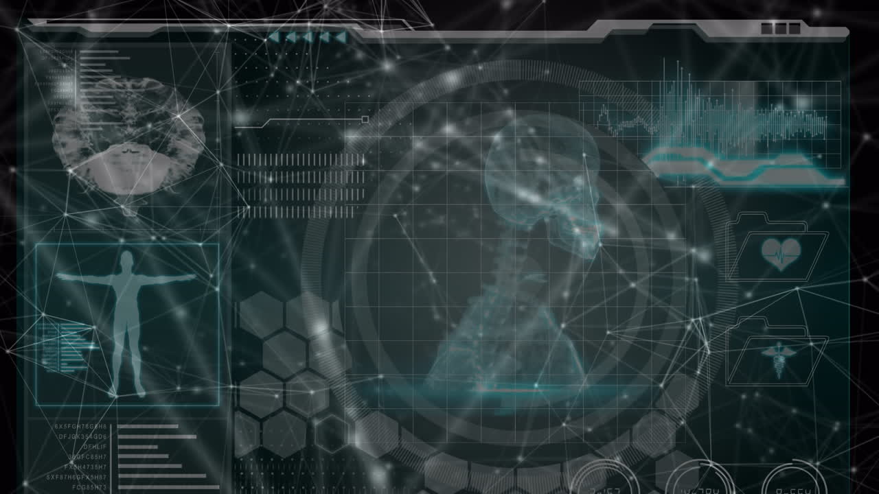 Animation of networks of connections and medical data processing over black background