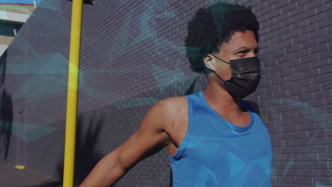 얼굴 마스크를 입은 아프리카계 미국인 스포츠맨에 대한 연결 네트워크의 애니메이션