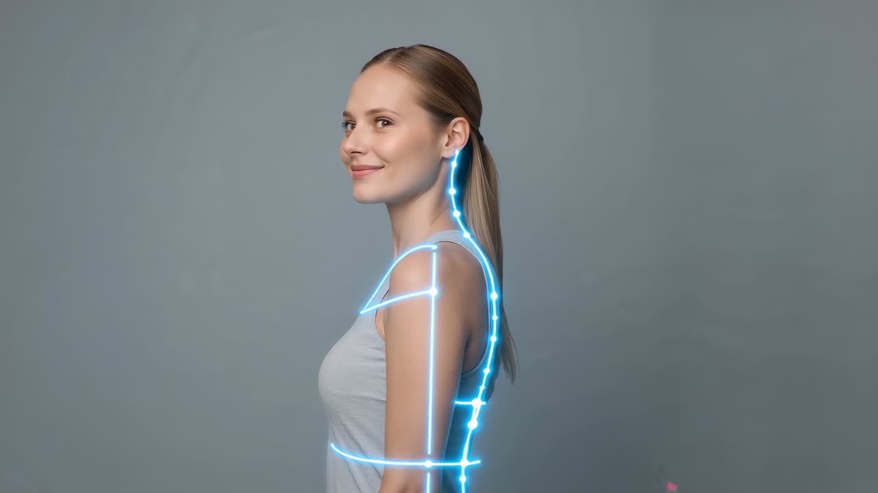 タンクトップを着た女性が姿勢を調整している様子。スタジオのブルーのオーバーレイが表示され、デモ用に脊椎が脈打っている状態。