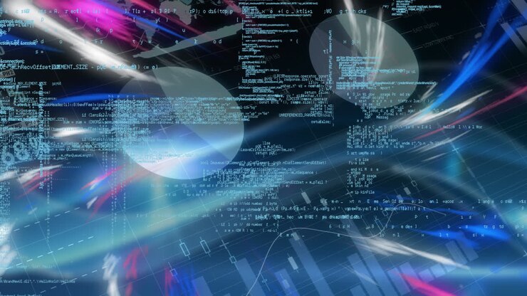 Animation of data processing over black background with pink and blue lights