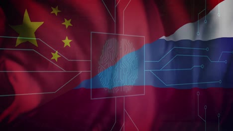 animación de una placa de circuito de computadora sobre la bandera de rusia y china